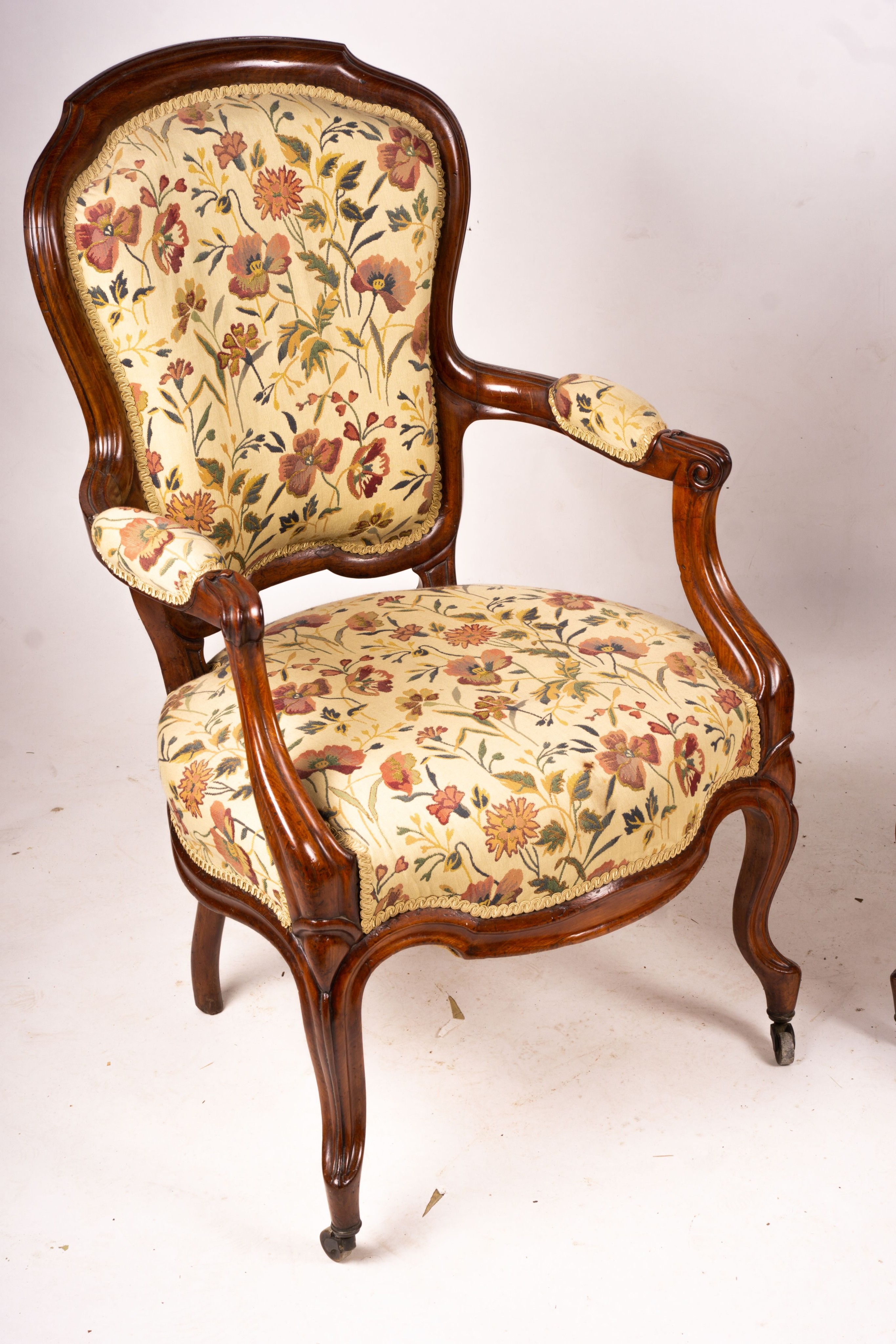 A pair of French mahogany framed open armchairs, width 60cm, depth 50cm, height 100cm